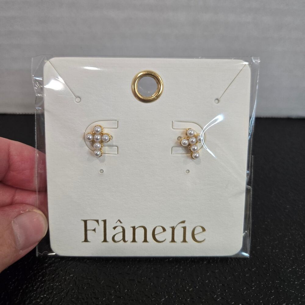 NEW Flanerie 18K Gold Plated Pearl Cross Stud Earrings Christian Jewelry